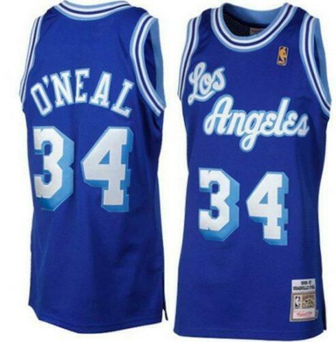 Men's Los Angeles Lakers #34 Shaquille O'Neal Blue Mitchell & Ness Stitched Throwback NBA Jersey